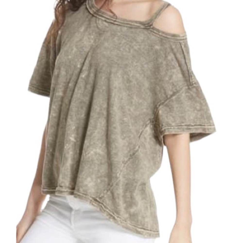 Free People We The Free Army Green Distressed Alex Split Shoulder Tee, Size Med.